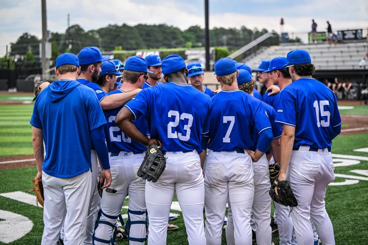 MTSU has a hitting meeting during pregame before a game against Jacksonsville State University at Mickey Dunn Stadium on May 21, 2026. 