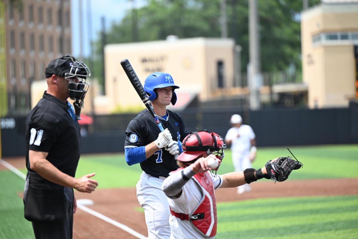 MTSu designated hitter Layne Akers reacts to a Conference USA umpires strike call during a game against Western Kentucky University at Mickey Dunn Field on May 20, 2026. 