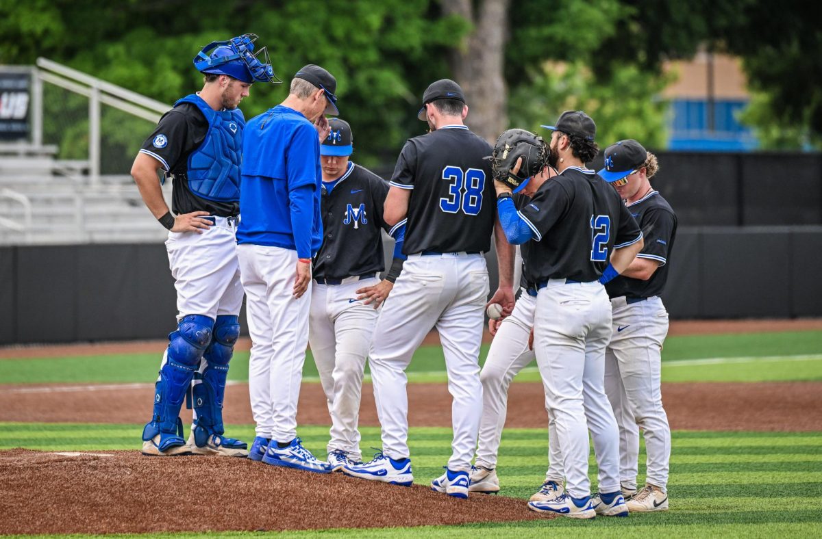 MTSU head coach Jerry Meyers visits MTSU pitcher David Horn Jr. on the mound during a game against Western Kentucky University at Mickey Dunn Field on May 20, 2026. 