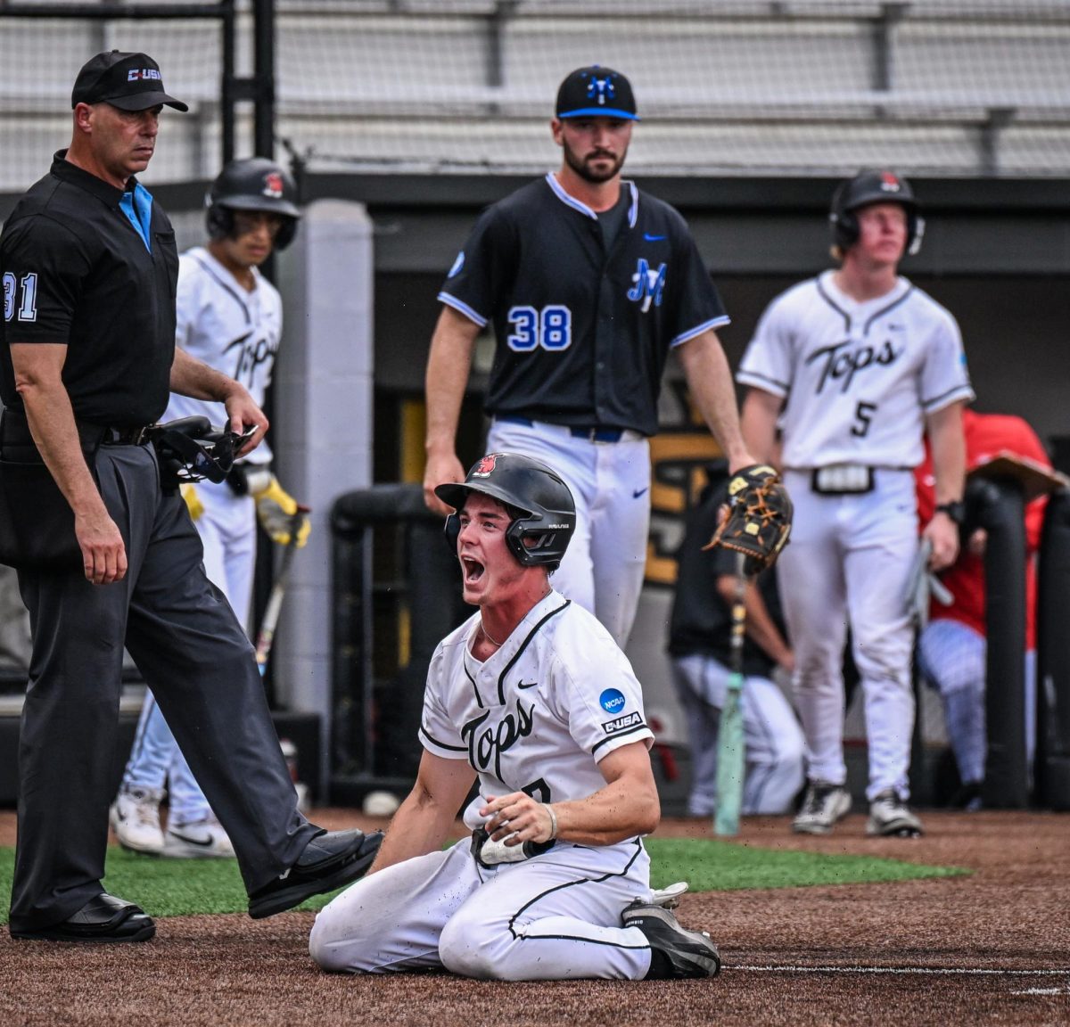 Western Kentucky University outfielder 
Cael Frost celebrates a run during a game against Middle Tennessee at Mickey Dunn Field on May 20, 2026. 