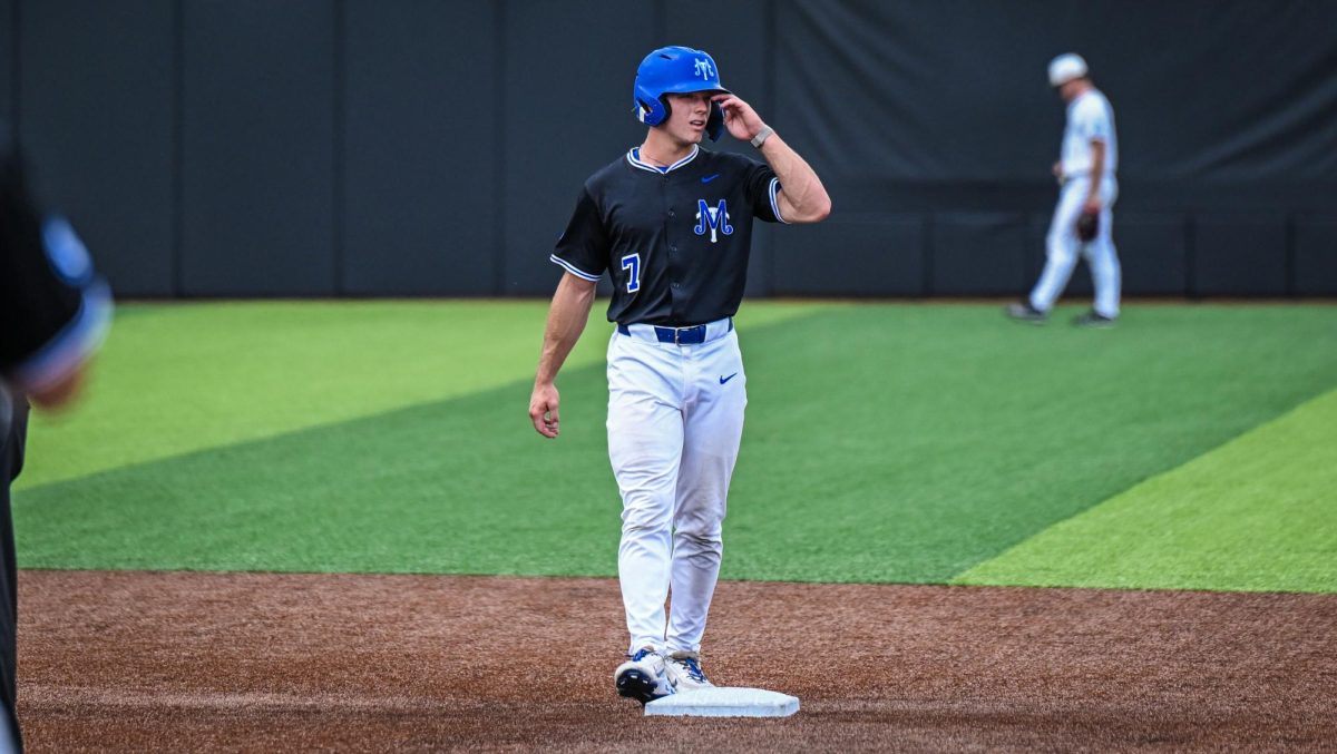 MTSU designated hitter Layne Akers stands on second base during a game against Western Kentucky University at Mickey Dunn Field on May 20, 2026. 
