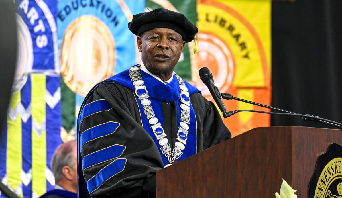 MTSU President Sidney A. McPhee speaks to the crowd of graduates and spectators during spring commencement inside the Murphy Center on May 8, 2026.