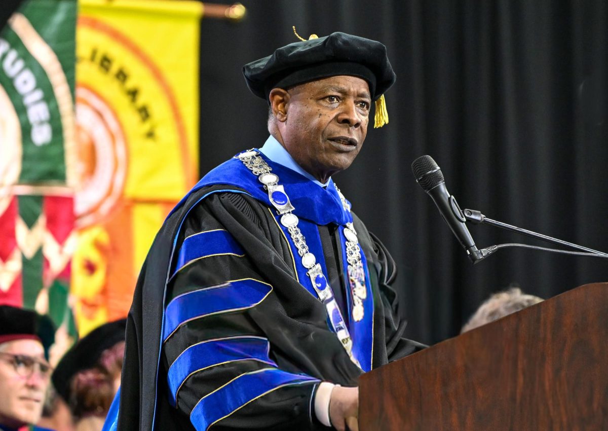 MTSU President Sidney A. McPhee speaks to the crowd of graduates and spectators during spring commencement inside the Murphy Center on May 9, 2026.
