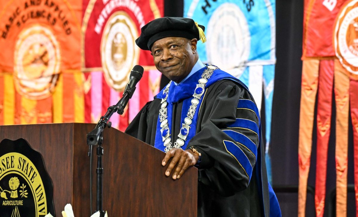 MTSU President Sidney A. McPhee speaks to the crowd of graduates and spectators during spring commencement inside the Murphy Center on May 9, 2026.