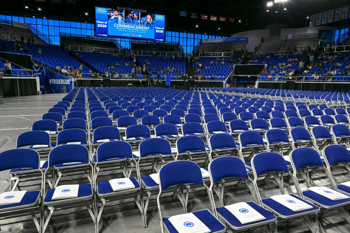 A sea of chairs rest on the floor of the Murphy Center before spring commencement on May 9, 2026.