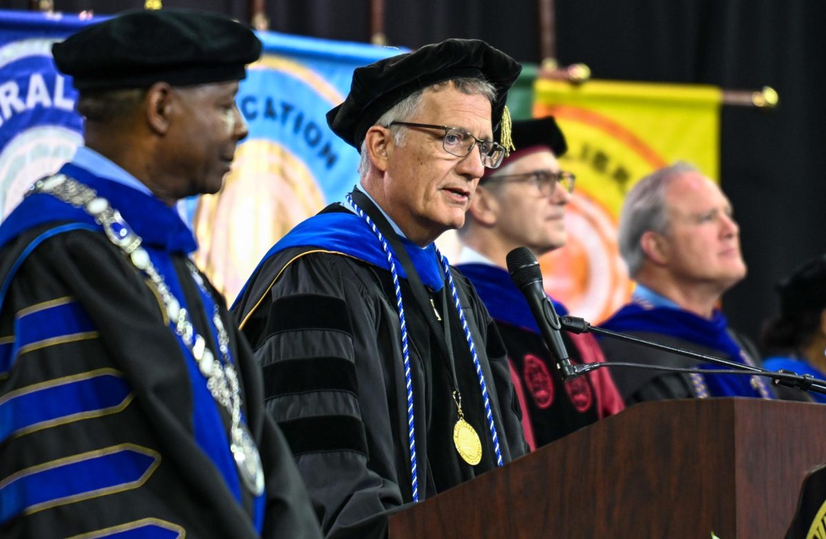 MTSU provost Mark Byrnes speaks to the crowd of graduates during spring commencement inside the Murphy Center on May 9, 2026.