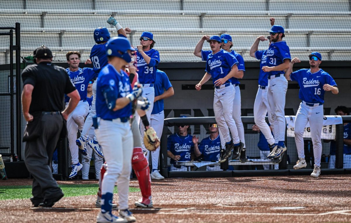 The MTSU dugout celebrates a home run by third baseman Brett Vondohlen during a game against Jacksonville State University at Mickey Dunn Stadium on May 21, 2026. 