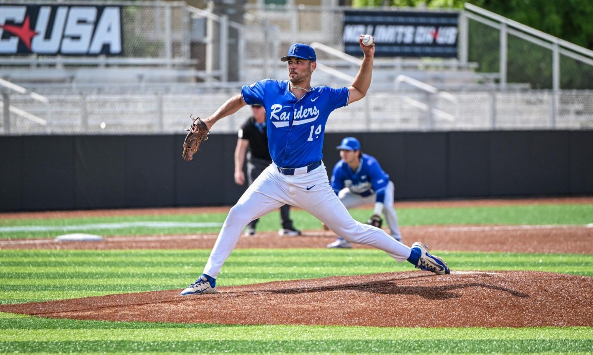 MTSU pitcher Chandler Alderman winds up a pitch from the mound during a game against Jacksonville State University at Mickey Dunn Stadium on May 21, 2026. 