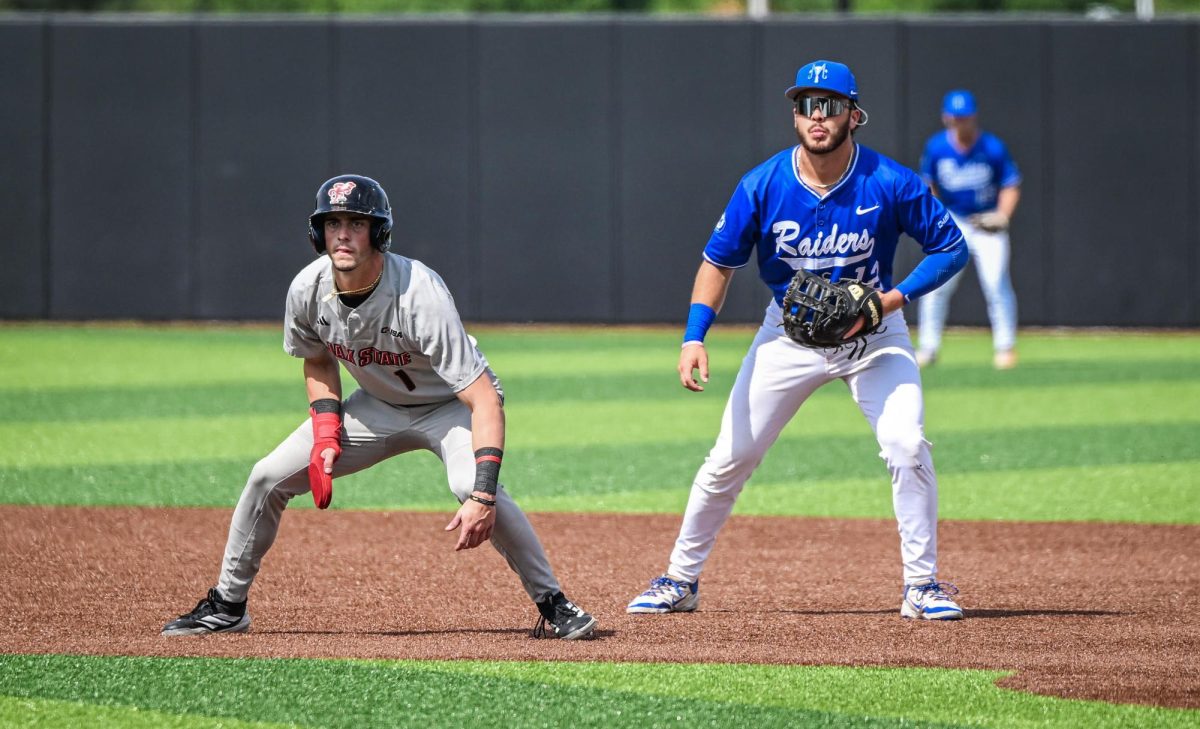 MTSU first baseman Dean O'Neill (right) watches a pitch while JSU outfielder Caleb Johnson (left) leads off first base during a game against Jacksonville State University at Mickey Dunn Stadium on May 21, 2026. 