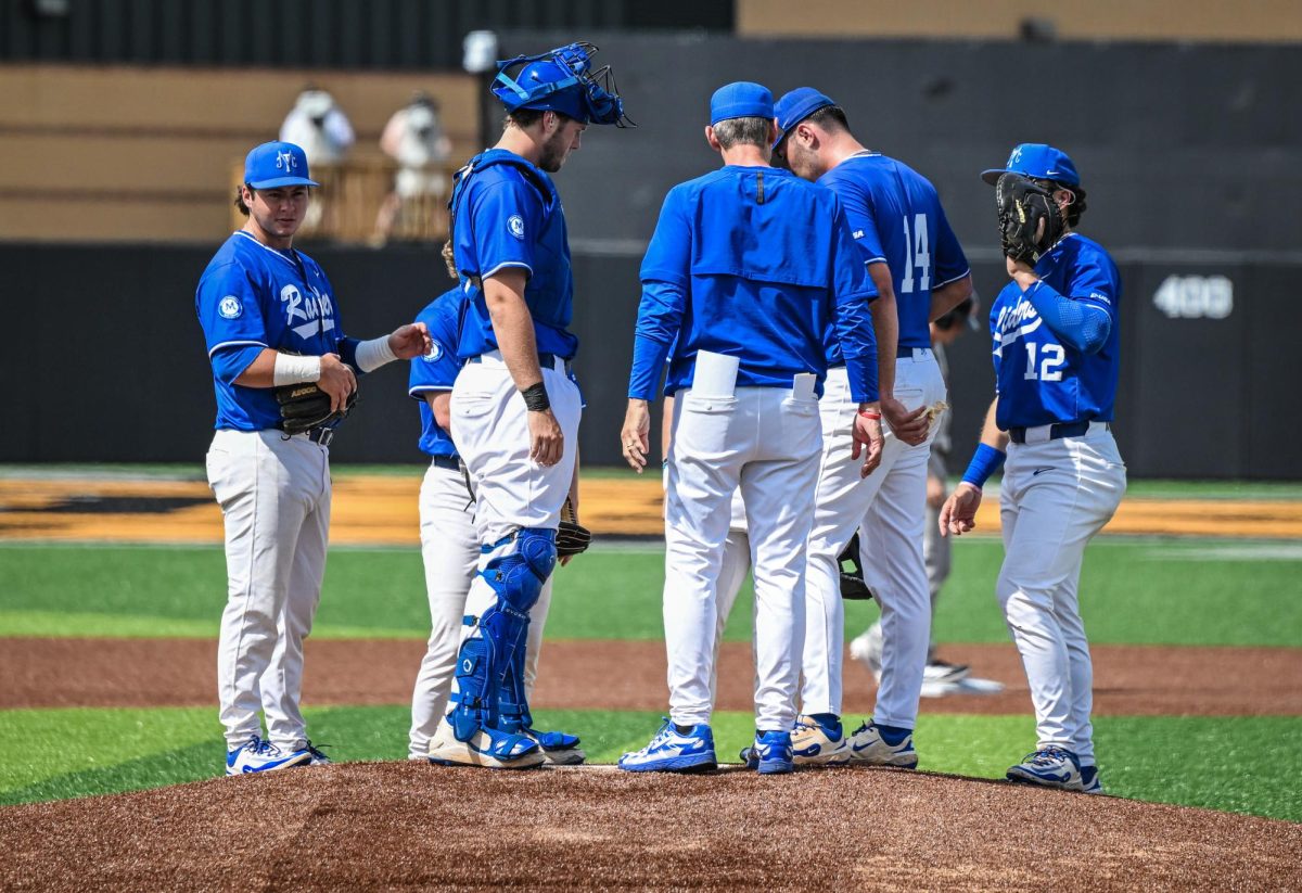MTSU head coach Jerry Meyers speaks to the infield during a mound visit during a game against Jacksonville State University at Mickey Dunn Stadium on May 21, 2026. 
