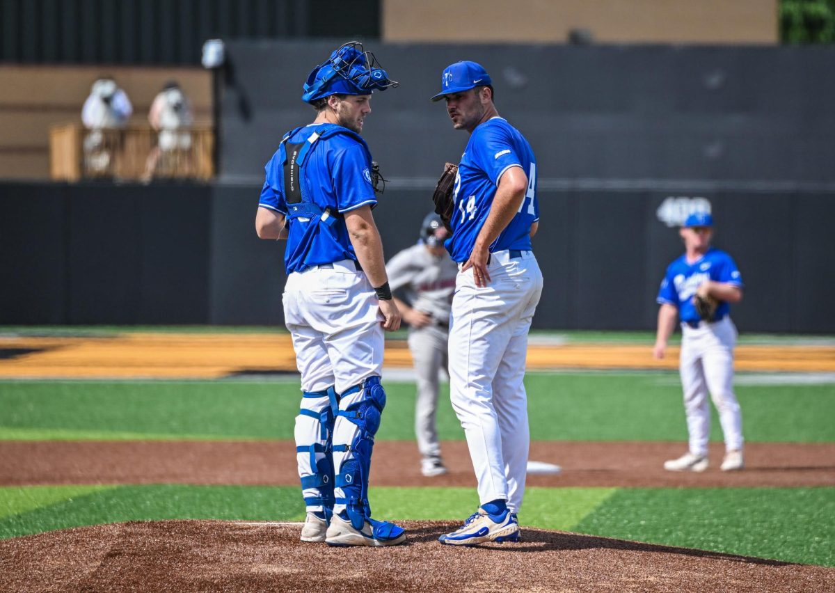 MTSU catcher Tyler Minnick (left) and pitcher Chandler Alderman (right) meet on the mound during a game against Jacksonville State University at Mickey Dunn Stadium on May 21, 2026. 