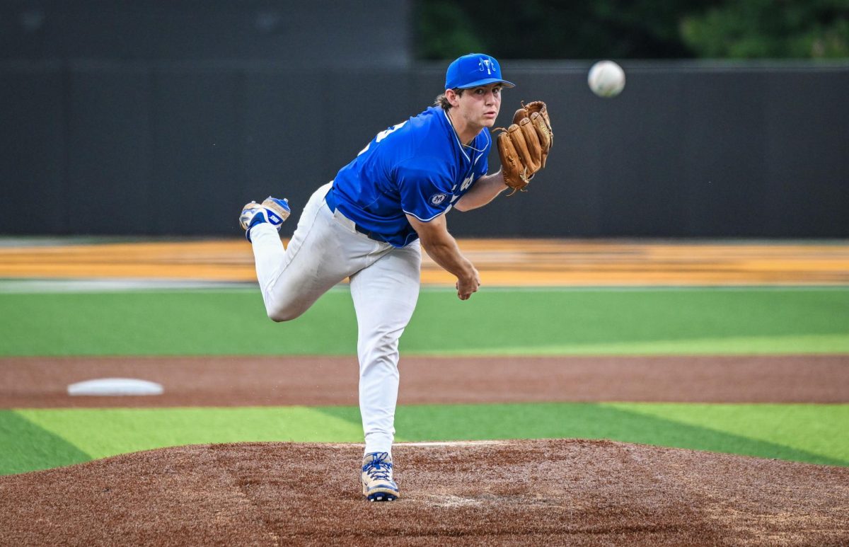 MTSU pitcher Drew Horn watches as a pitch travels towards a Gamecock batter during a game against Jacksonville State University at Mickey Dunn Stadium on May 21, 2026. 