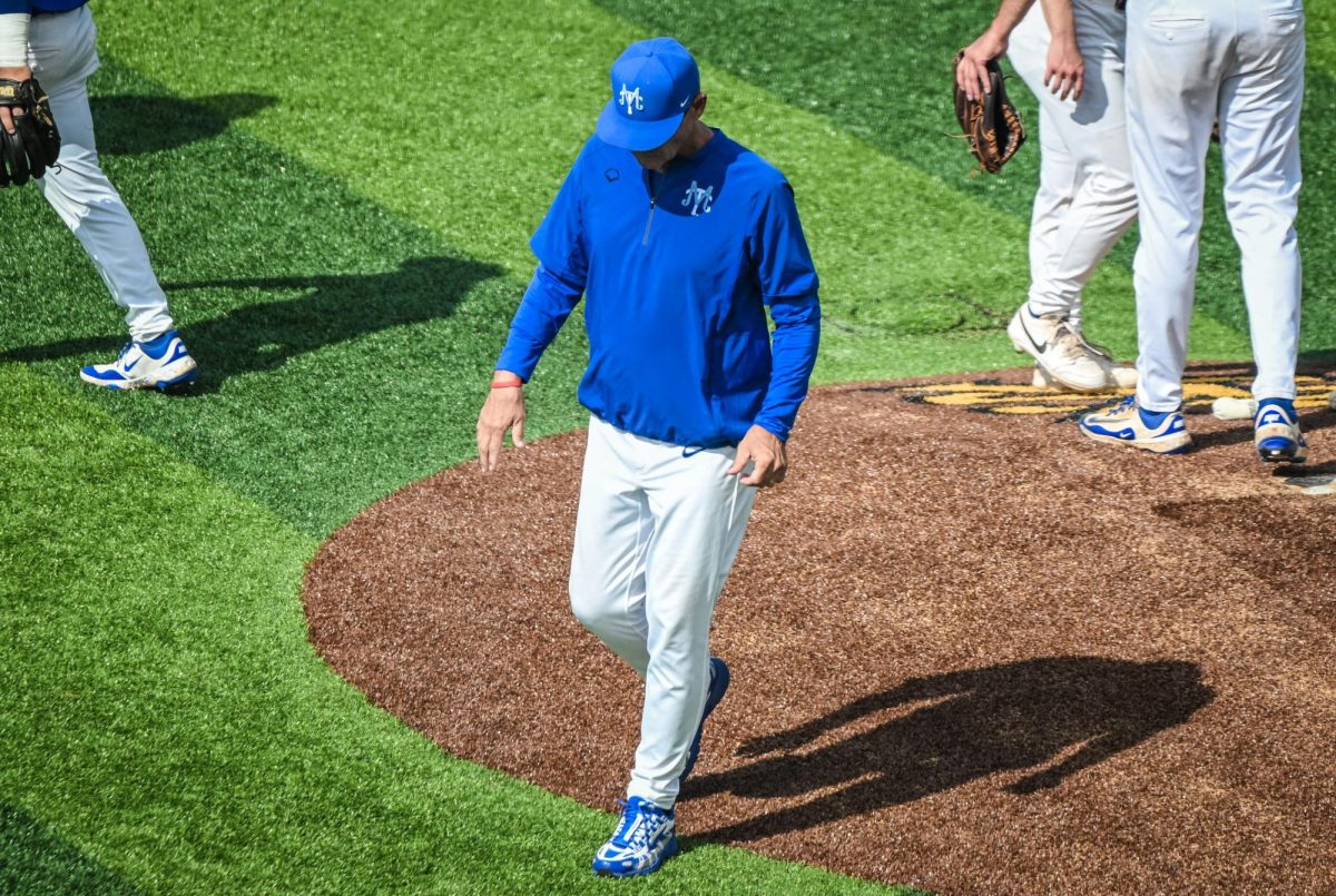 MTSU head coach Jerry Meyers walks off the mound after a visit during a game against Jacksonville State University at Mickey Dunn Stadium on May 21, 2026. 