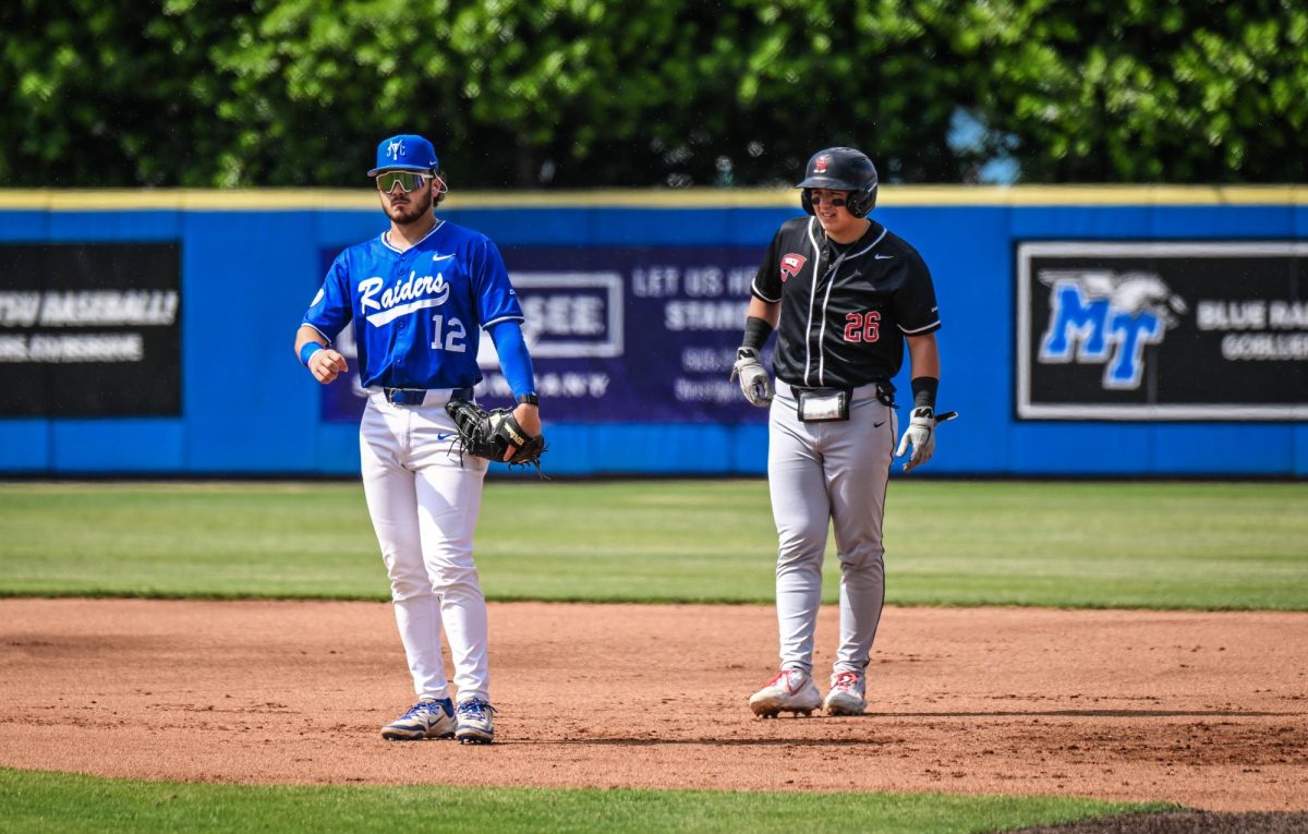 MTSU first baseman Dean O'Neill (left) and WKU outfielder Lane Arroyos (right) during a game against Western Kentucky University on May 2, 2026 at Reese Smith Jr. Field. 