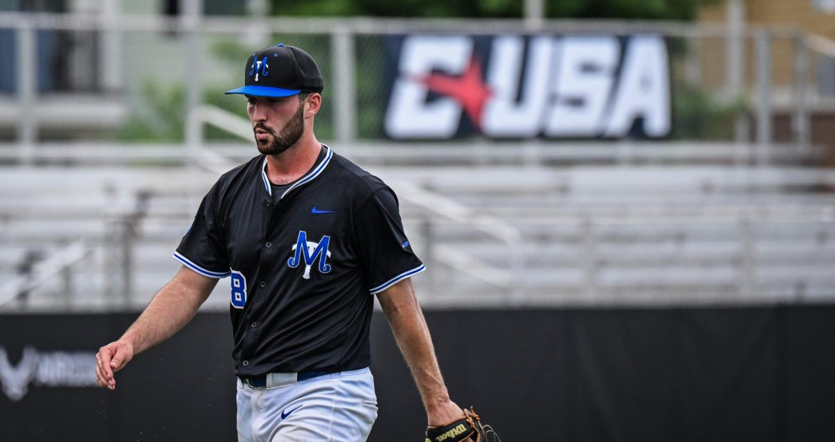 MTSU pitcher Chandler Alderman walks off the mound after retiring a batter during a game against Western Kentucky University at Mickey Dunn Field on May 20, 2026. 
