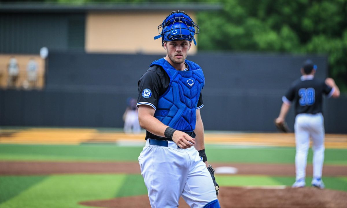MTSU catcher Tyler Minnick looks into the crowd during a game against Western Kentucky University at Mickey Dunn Field on May 20, 2026. 