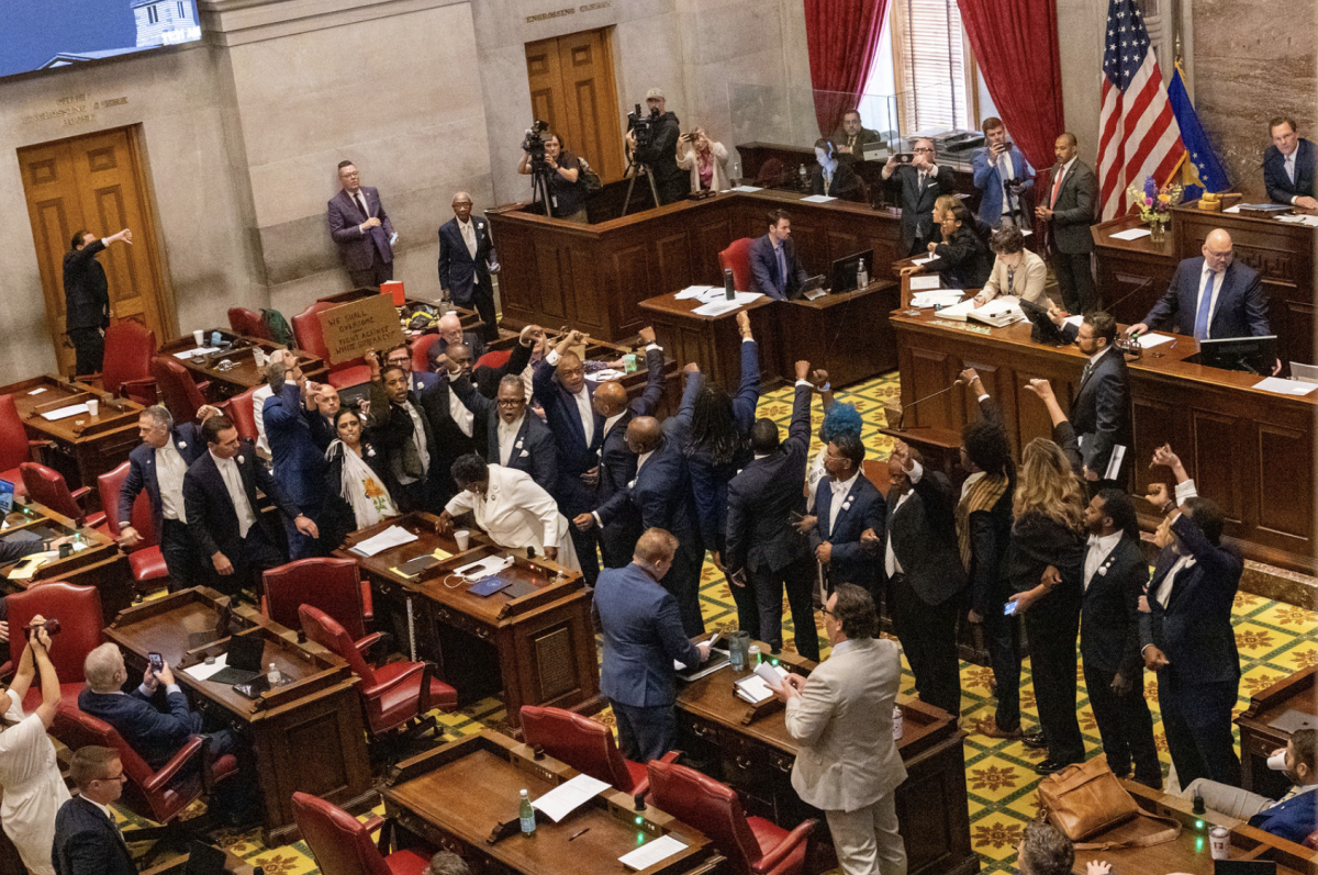 Democratic Representatives protest within House of Representatives at the Tennessee State Capital in Nashville, Tennessee, on May 7, 2026. 