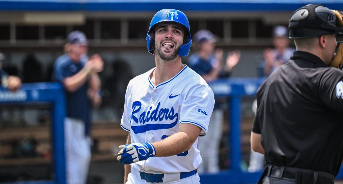 MTSU designated hitter Cale Vinson looks up at the crowd after a called strike resulting in a strikeout during a game against Liberty University at Reese Smith Jr. Field on May 16, 2026. 