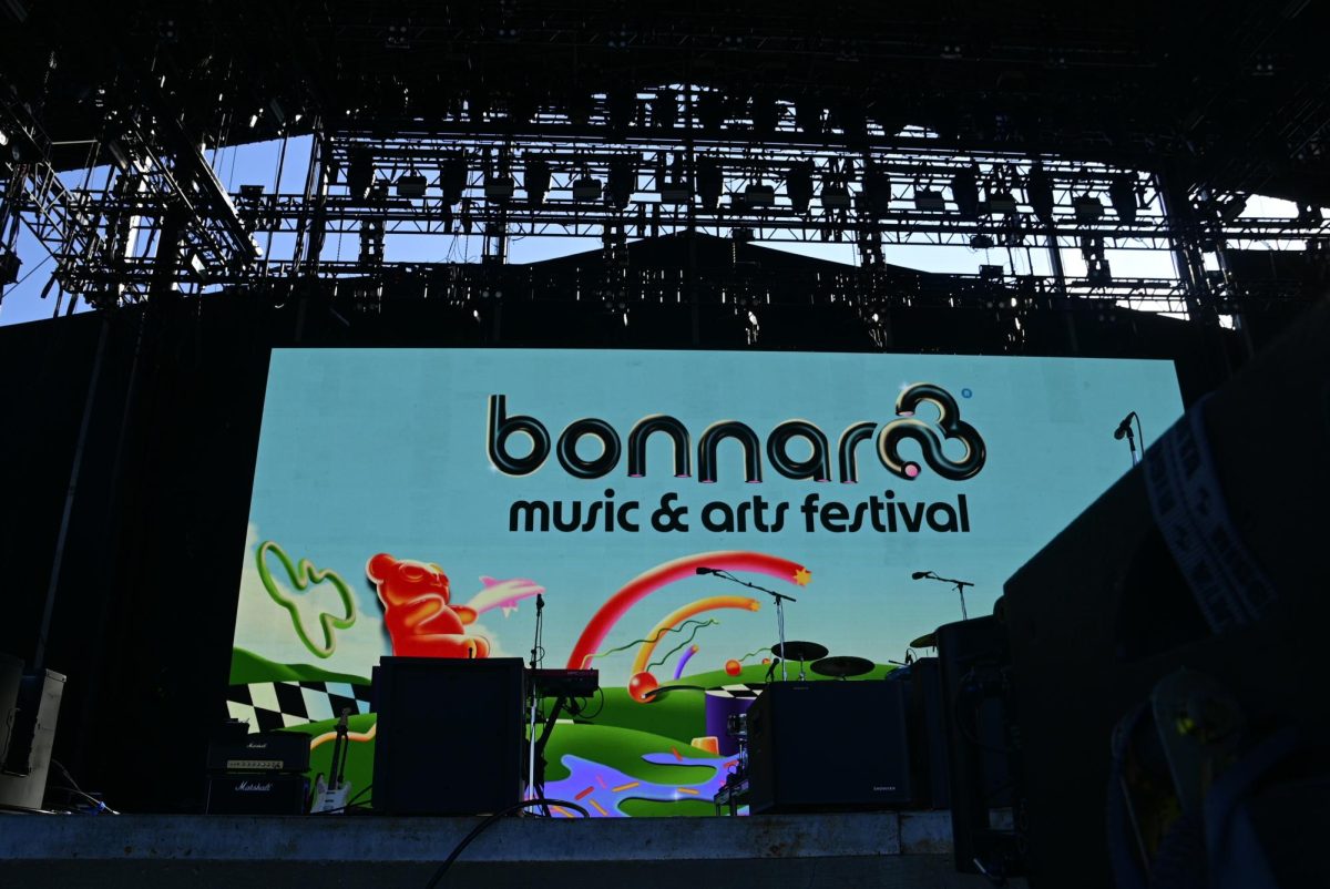 The LED display screen before Spiritual Cramp plays on the What Stage at Bonnaroo Music & Arts Festival in Manchester, Tennessee, on June 11, 2026.