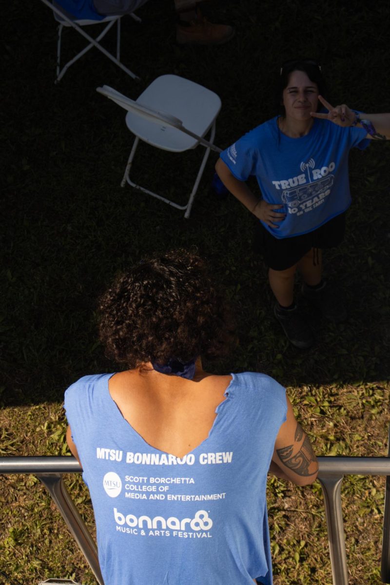 MTSU Bonnaroo Crew poses as they work backstage at the This Tent at Bonnaroo Music & Arts Festival, 2026. 