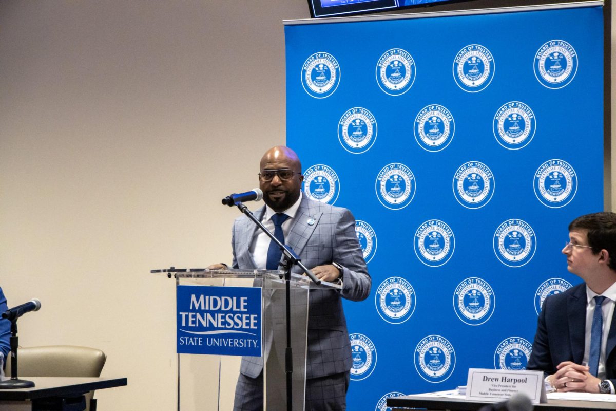 Newly confirmed Vice President of Student Affairs, James Bridgeforth, addressing the Board of Trustees during its quarterly board meeting at MTSU on June 16, 2026.