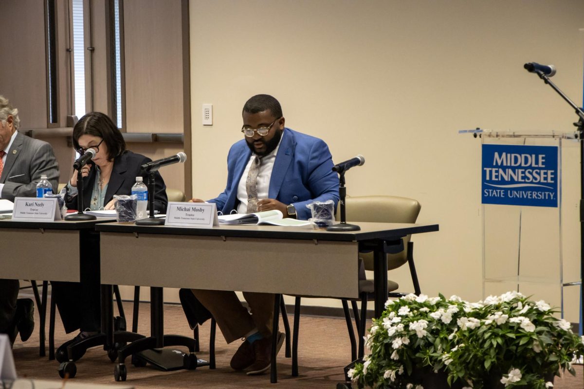 Student Trustee Michai Mosby, making a comment about student fees during the quarterly board meeting at MTSU, on June 16, 2026.
