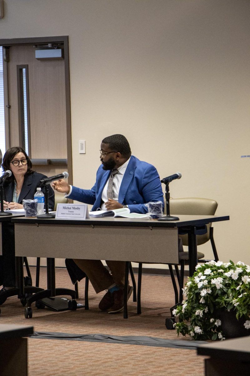 Student Trustee Michai Mosby, making a comment about student fees during the quarterly board meeting at MTSU, on June 16, 2026.
