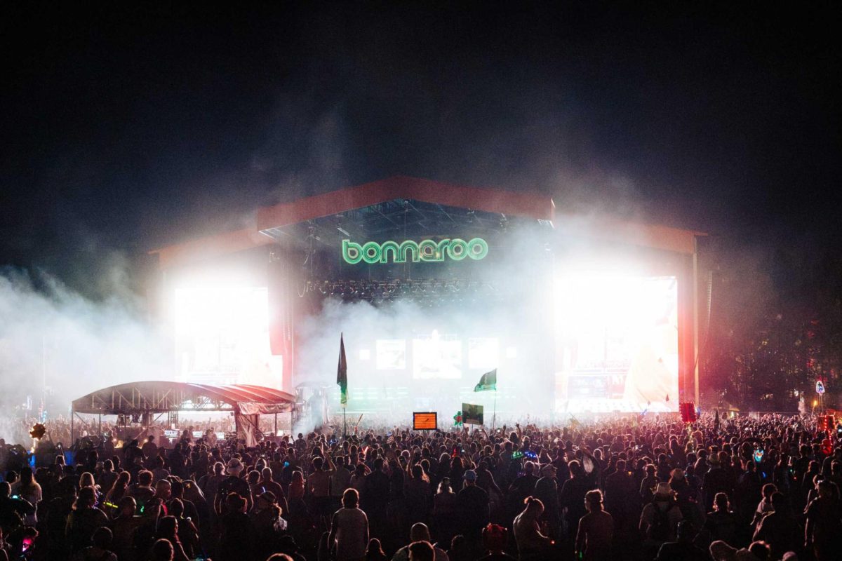 Festival-goers gather for a performance at the What Stage during the Bonnaroo Music & Arts Festival in Manchester, Tennessee.