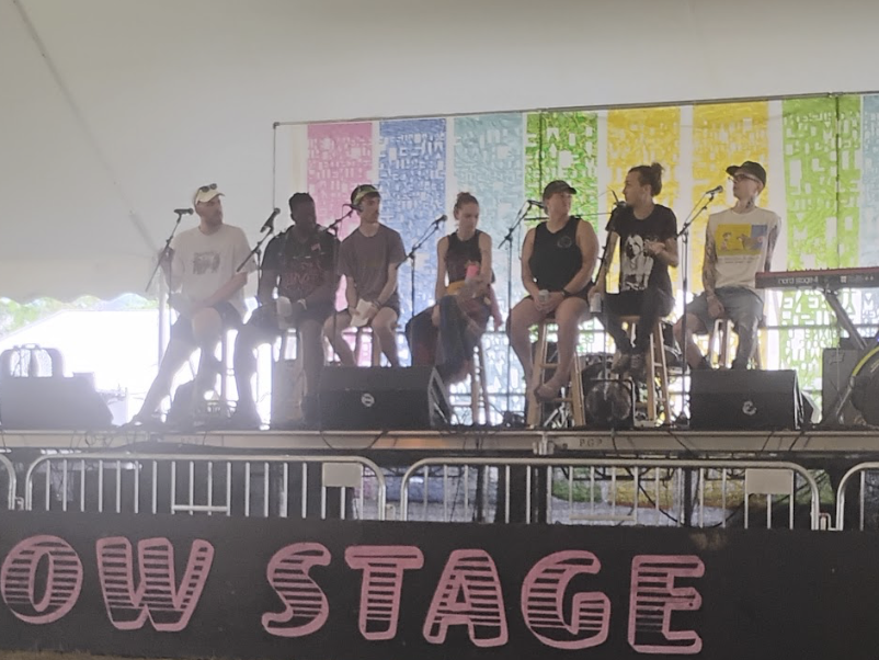 RooHamm hosts Parker Reed (left) and Jacob Dalbey (third from the left) discuss mental health in the music industry at Bonnaroo Music & Arts Festival in Manchester, Tennessee, on June 13, 2026.