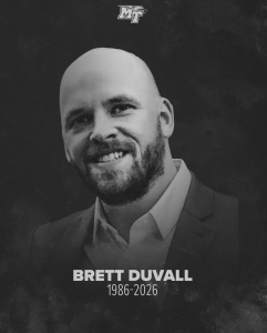 In memory graphic for Brett Duvall, the husband to MTSU women's tennis coach Tayo Bailey-Duvall. 