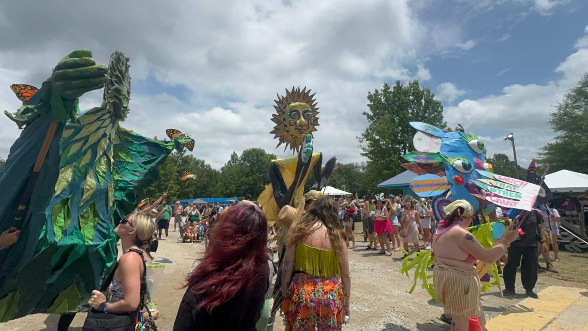 Cattywampus Puppet Council leads the block party celebration at the Why Barn at Bonnaroo Music & Arts Festival in Manchester, Tennessee, on June 14, 2026.